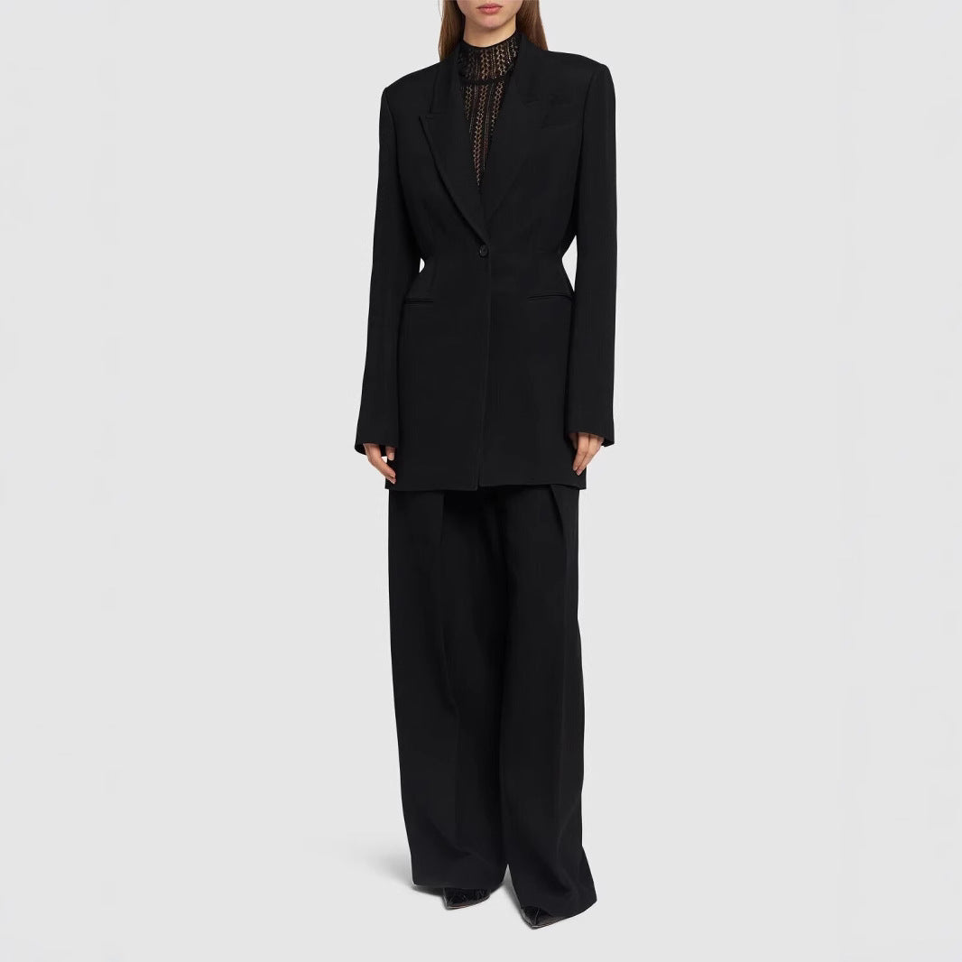 Women Single-Breasted Long Blazer with Tailored Silhouette and Wide Palazzo Pants Chichicherry