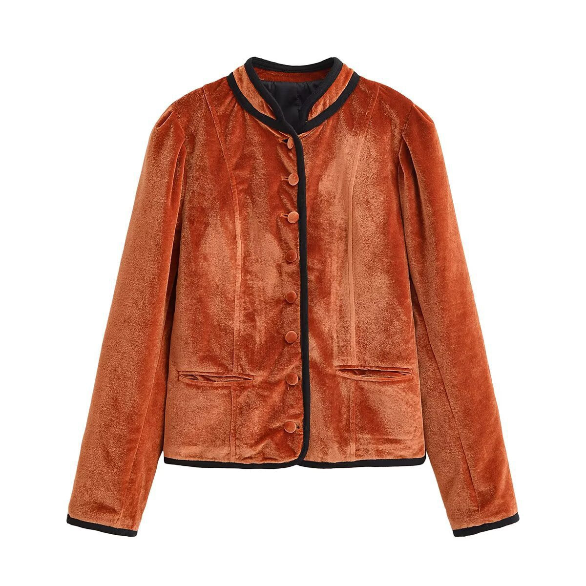 Ladies velvet jacket with stand-up collar, contrasting piping and button closure Chichicherry