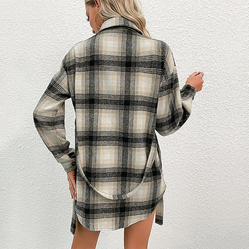 Women Checked Longline Shirt Coat with Button Placket and Waist Belt Chichicherry