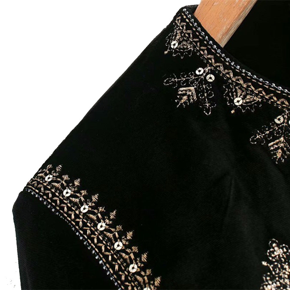 Women's Velvet Short Jacket with Ornamental Bead and Decorative Embroidery Chichicherry