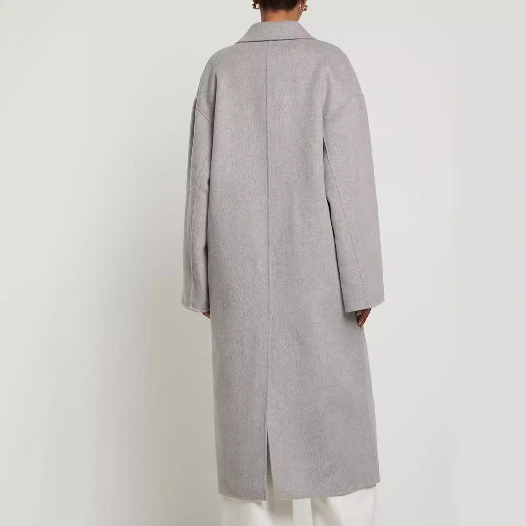 Women Oversize Double-breasted Long Coat with Dropped Shoulder Silhouette and Gold Decorative Buttons Chichicherry