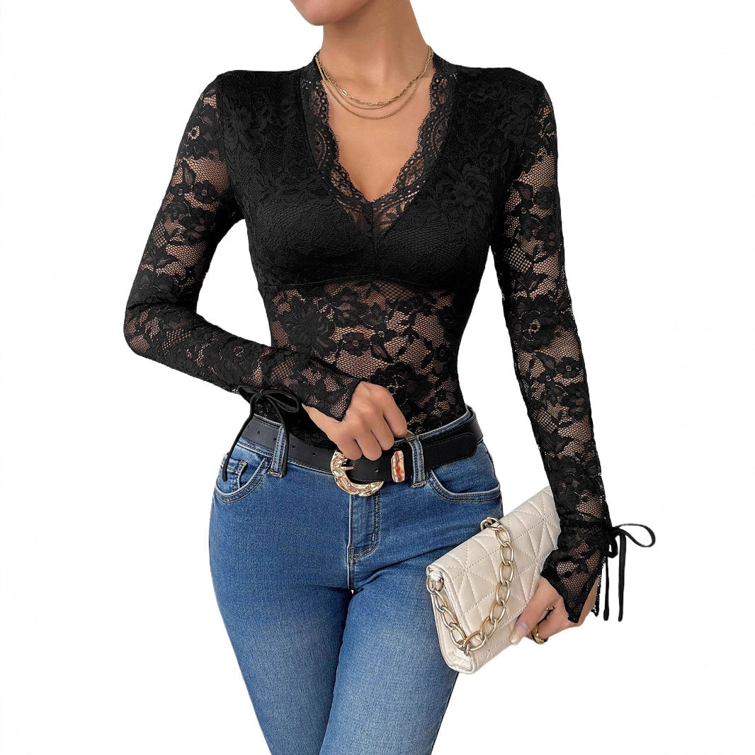 Women's figure-hugging lace bodysuit with V-neck, transparent floral lace and sleeve ties Chichicherry