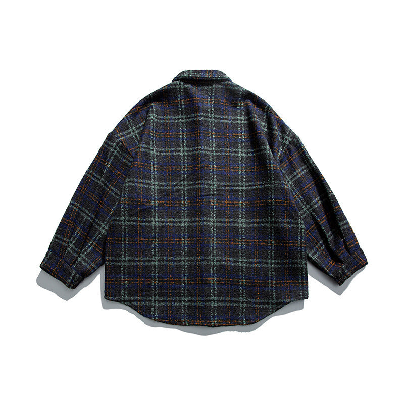 Unisex Boucle Check Shirt Jacket with Quilted Lining, Rounded Hem and Shirt Collar Chichicherry