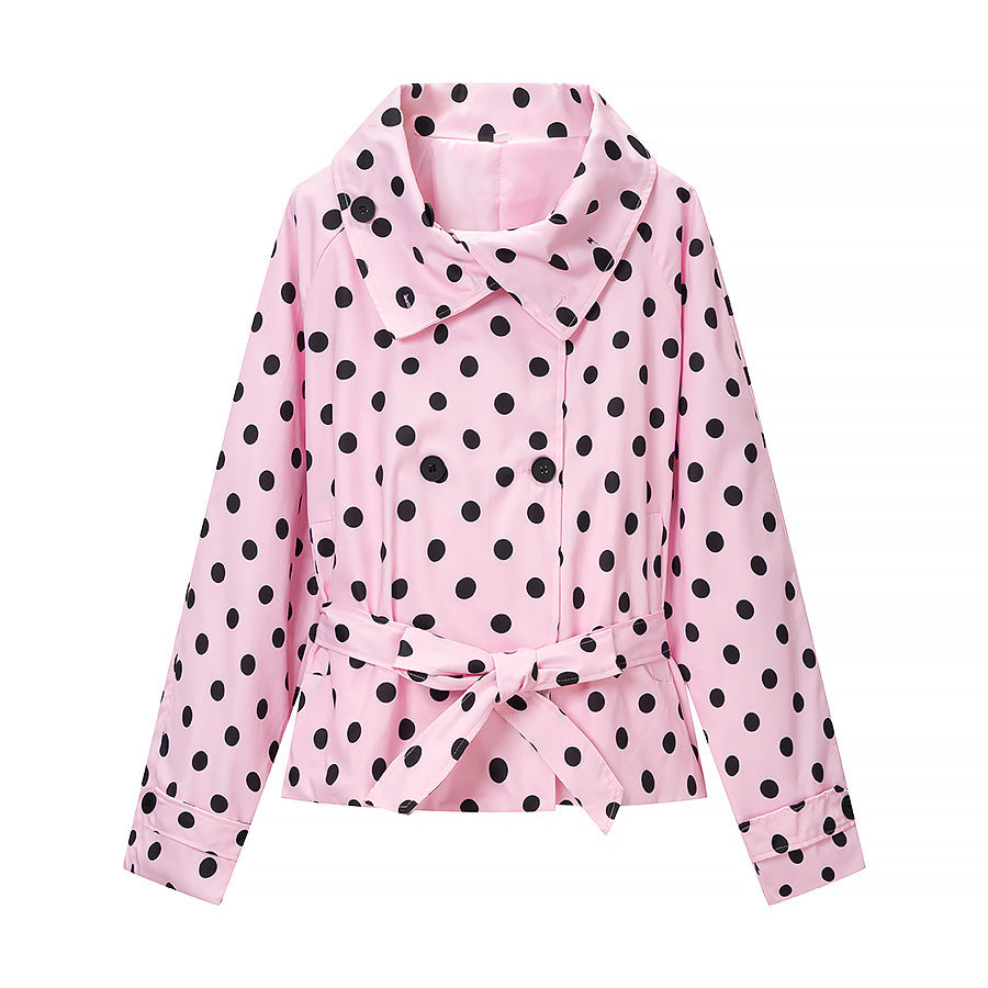 Women's Polka Dot Trench Coat Style with Tie Belt and Balloon Sleeves Chichicherry