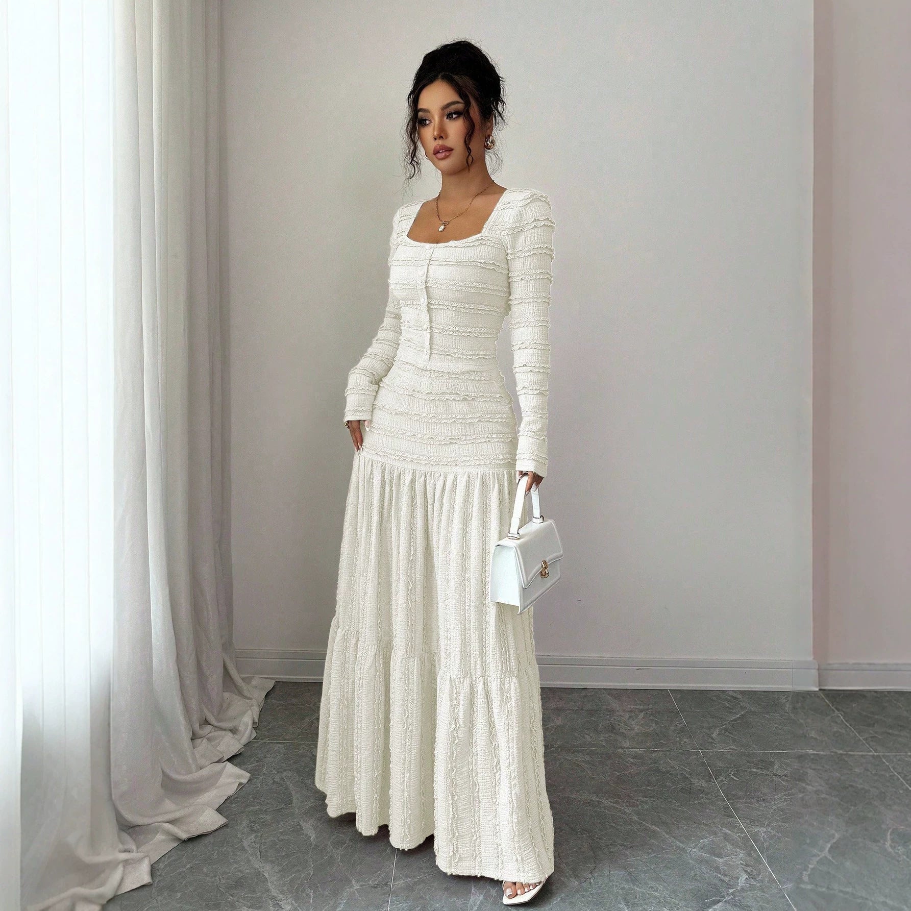Women's Figure-Hugging Ruffle Maxi Dress with Square Neckline and Button Placket Chichicherry