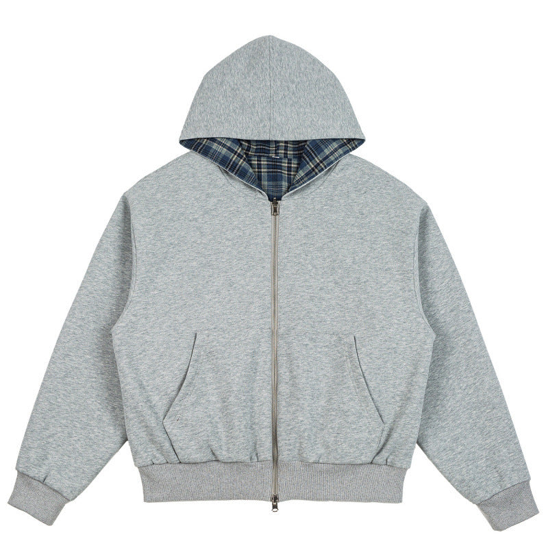 Unisex Padded Hoodie Bomber Jacket with Checkered Flannel Lining and Sturdy Zipper Chichicherry