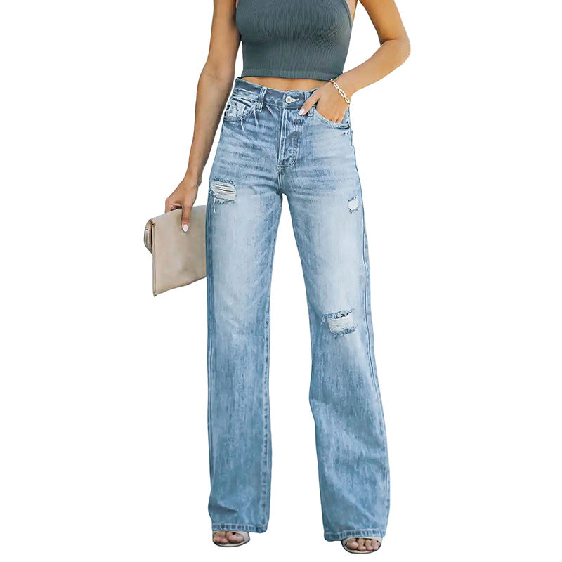 Women's High-Waisted Loose Straight-Leg Jeans with Destroyed Details Chichicherry