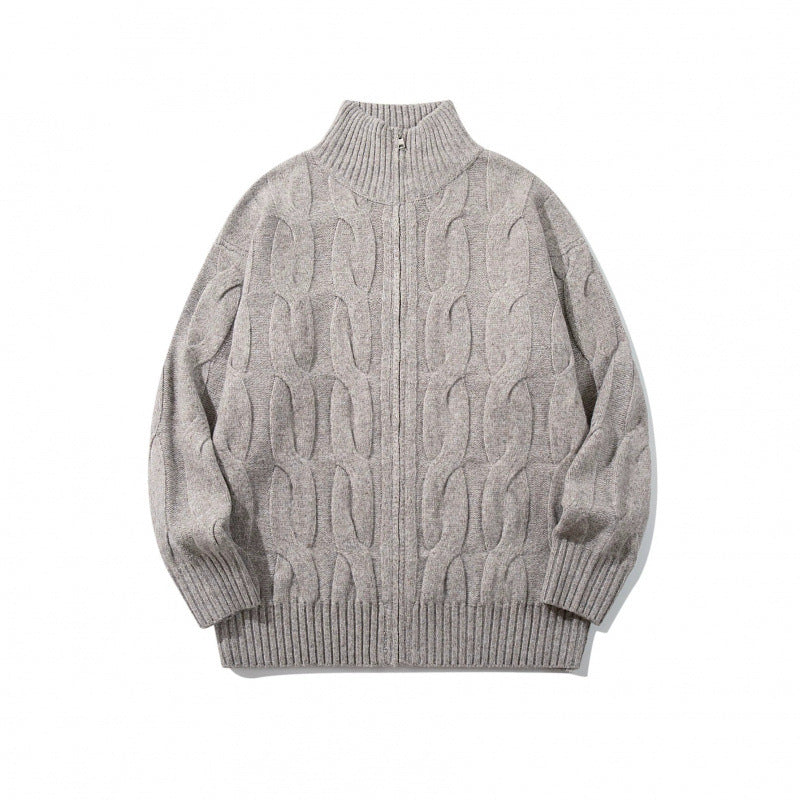 Unisex Chunky Knit Zip-up Cardigan with Cable Pattern and High Ribbed Collar Chichicherry