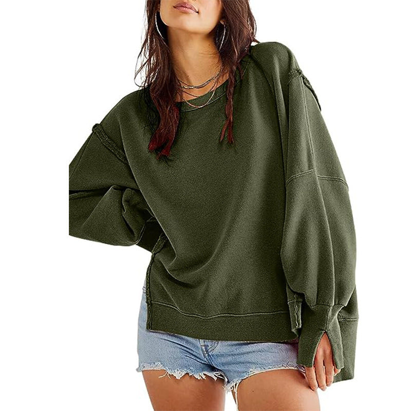 Damen Oversized Sweatshirt mit Ballonärmeln, seitlichen Schlitzen und offenen Kanten Chichicherry
