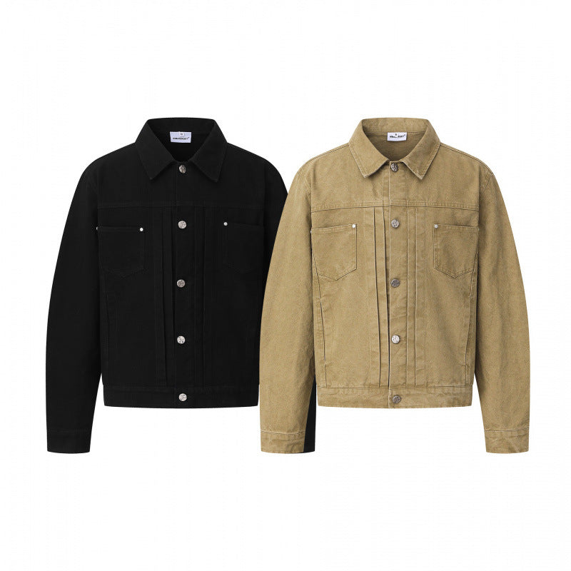 Unisex Boxy Denim Jacket in Worker Look with Metal Button Placket and Chest Pockets Chichicherry