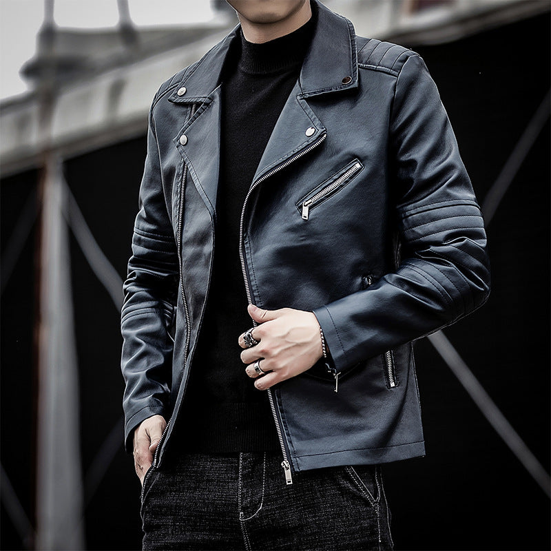 Men's slim fit faux leather moto jacket with quilted shoulder and sleeve detail Chichicherry