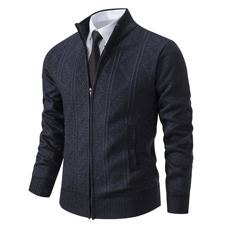 Men's Structured Fine Knit Zip Cardigan with Stand-Up Collar and Geometric Cable Pattern Chichicherry