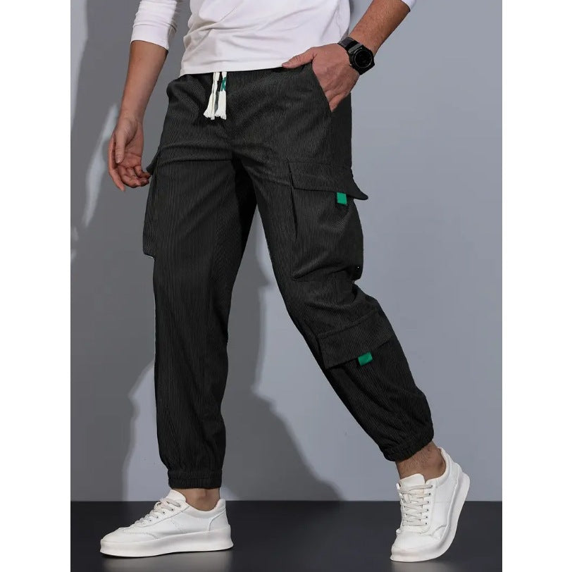Men's Cord Cargo Jogging Pants with Elastic Waistband, Drawstring & Multiple Pockets Chichicherry