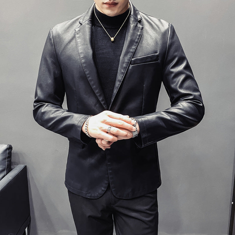 Men's Slim-Fit Leather Blazer with Tailored Silhouette and Classic Lapel Collar Chichicherry