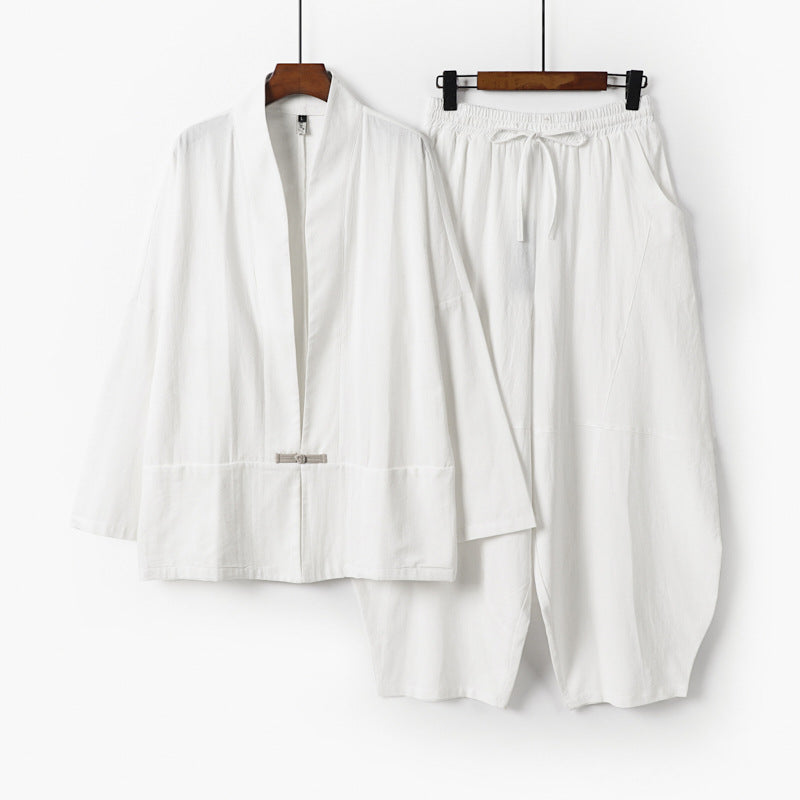 Men's Kimono Loungewear Set with Short Shawl Collar and Loose Harem Waist Pants Chichicherry