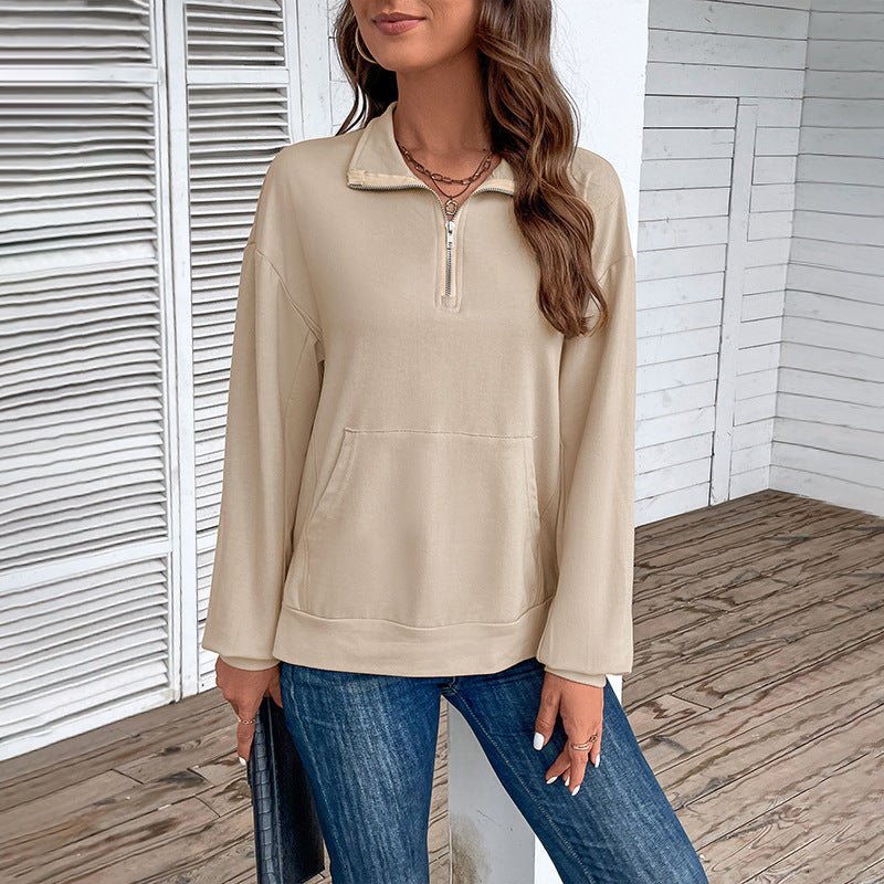 Women's Lightweight Half-Zip Sweatshirt in Relaxed Fit with Kangaroo Pocket and Stand-Up Collar Chichicherry