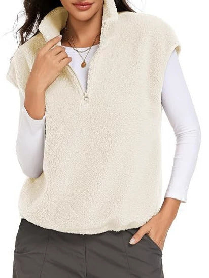 Women Sleeveless Teddy Fleece Vest with Half Zip and Stand Collar Chichicherry
