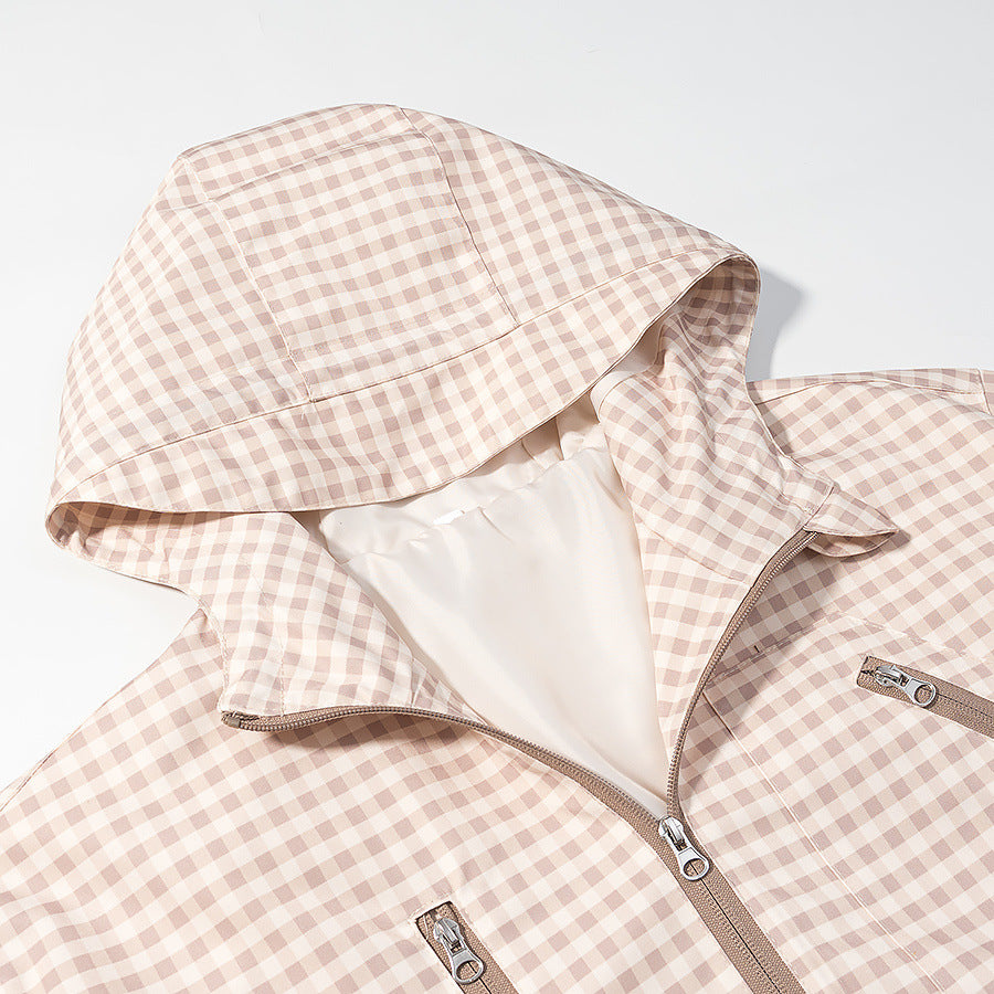 Women's Lightweight Checkered Hooded Jacket with Drawstring and Zipper Pockets Chichicherry
