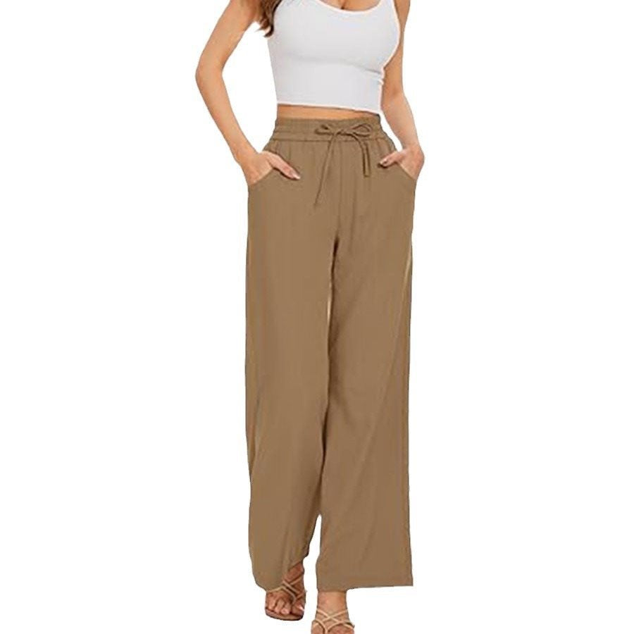 Women's wide linen pants with high elastic waistband, drawstring, and side pockets Chichicherry
