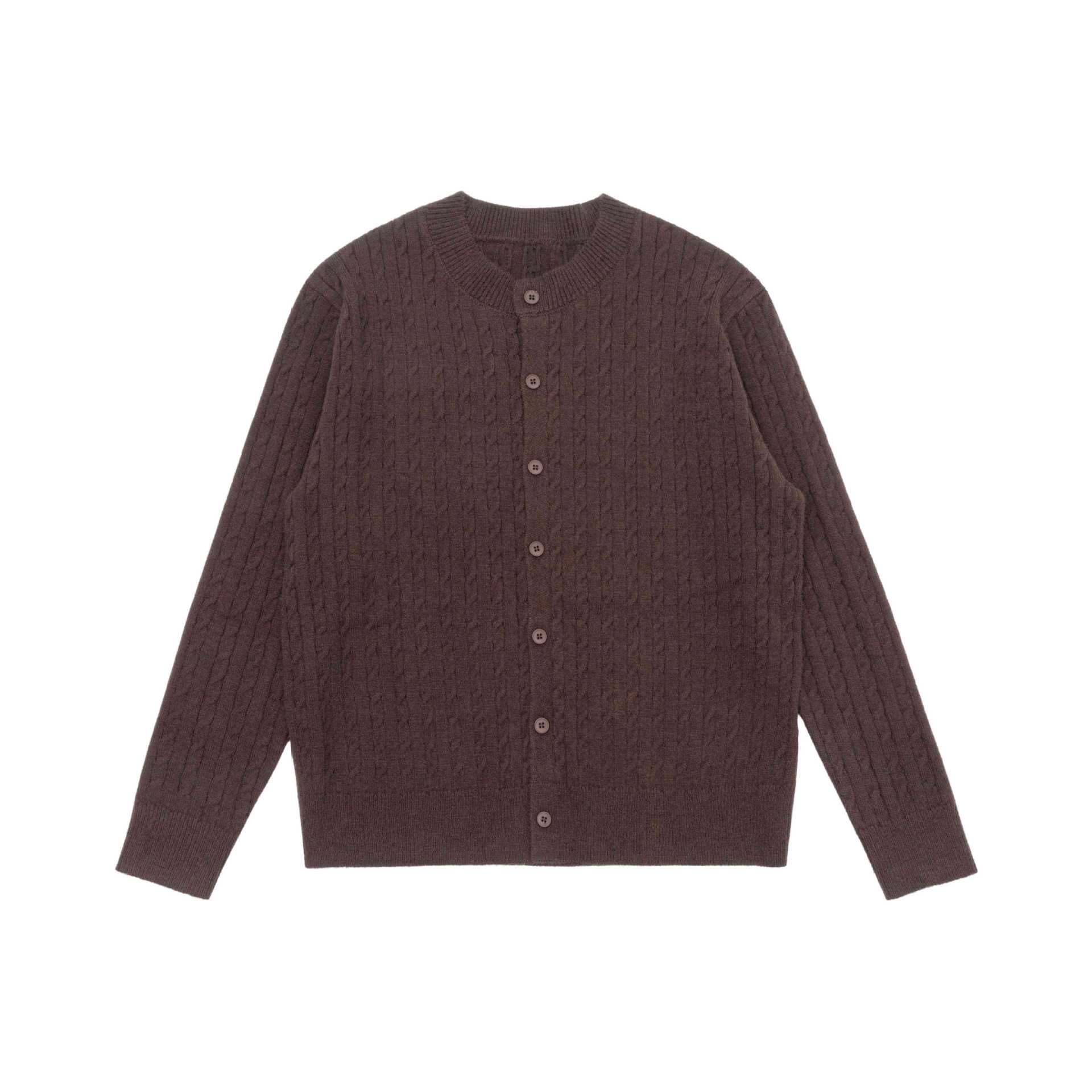 Unisex Fine Cable Knit Cardigan with Round Neck and Button Placket Chichicherry