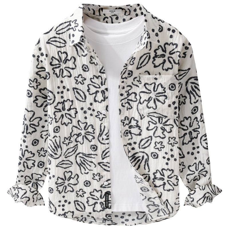 Men's Loose Crinkle Shirt with Hand-Drawn Floral Print and Chest Pocket Chichicherry