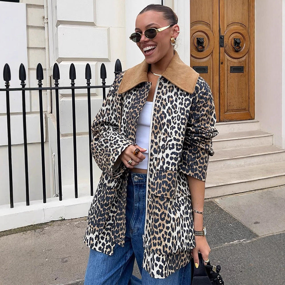 Women's Oversize Field Jacket with Leopard Print and Contrasting Cord Collar Chichicherry