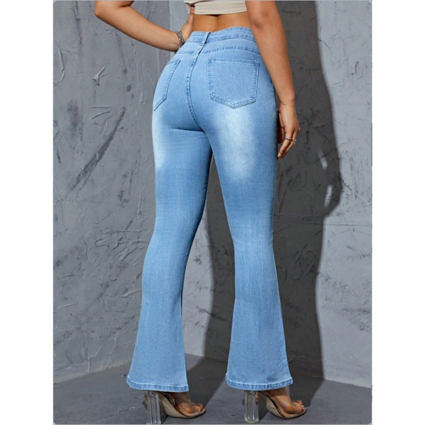 Women's High-waisted Flared Jeans with Pearl Embellishment and Sculpting Stretch waistband Chichicherry