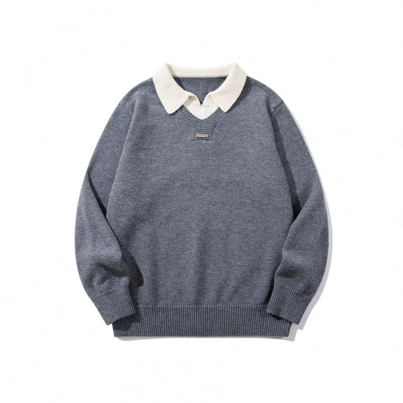 Men's Relaxed Merino-Mix Knit Sweater with Contrasting Polo Collar and V-Detail Chichicherry