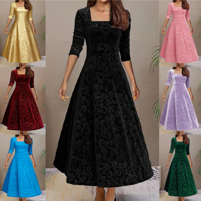 Women’s velvet dress with square neckline and flared circle skirt Chichicherry