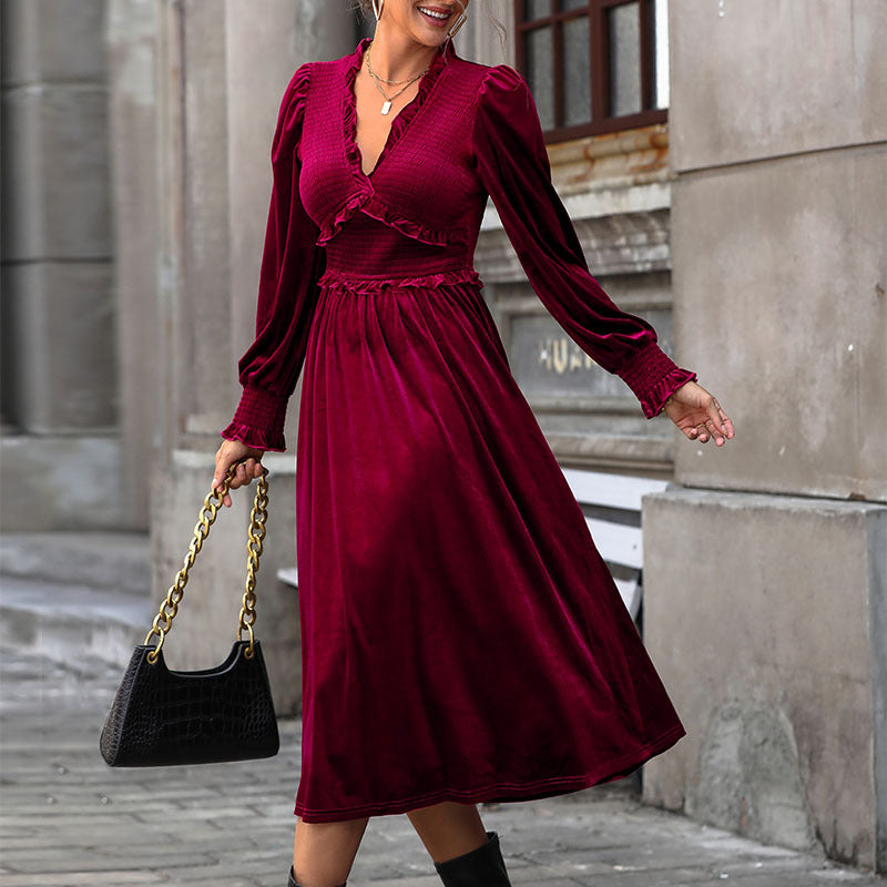 Women's Velvet Midi Dress with Gathered Smock Top, V-neck and Ruffles