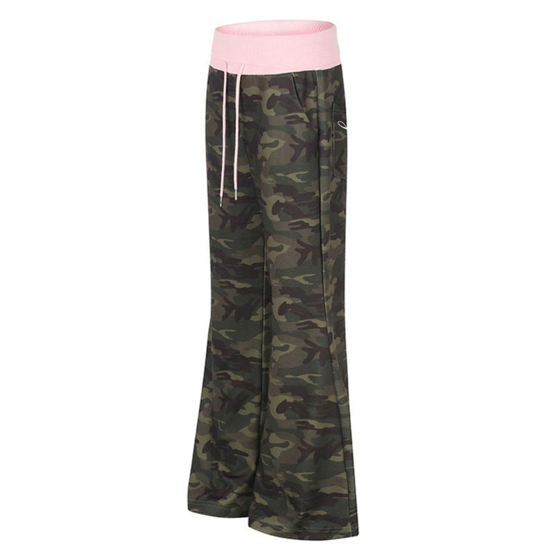 Women's Palazzo lounge pants with high rolled waistband, drawstring, and camouflage pattern Chichicherry