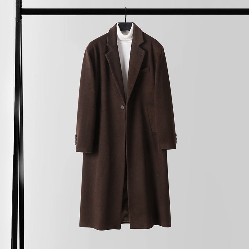 Men's Tailored Wool Blend Long Coat with Shawl Collar and One Button Closure Chichicherry