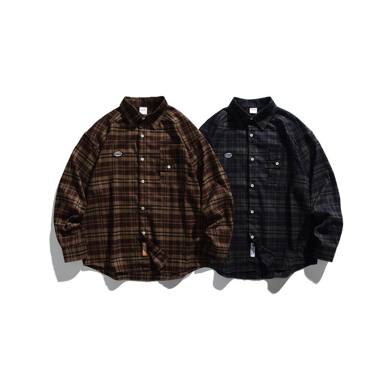 Unisex Loose Check Flannel Shirt in Wide Cut with Raglan Sleeves and Breast Flap Pocket Chichicherry