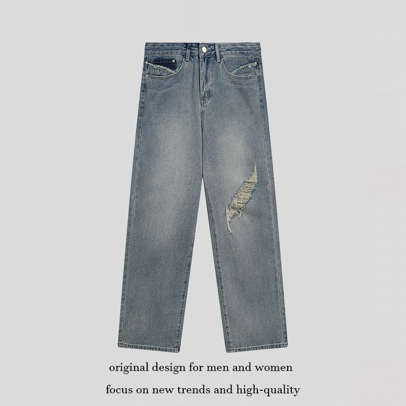 Women's Wide High-Cut Denim Jeans with Straight Leg and Destroyed Detail Chichicherry