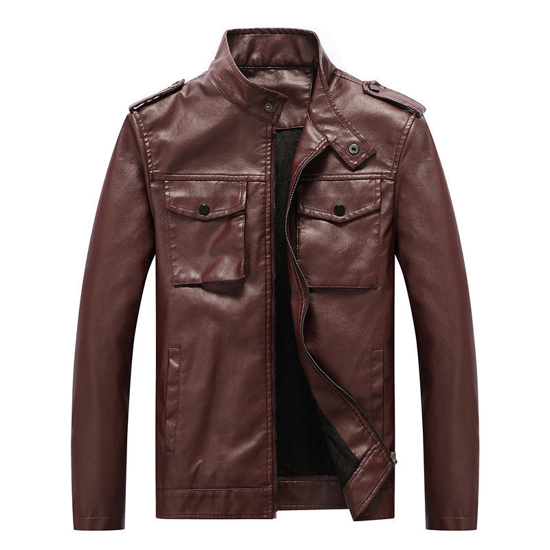 Men's slim artificial leather field blazer with stand-up collar, chest flap pockets, and zipper Chichicherry
