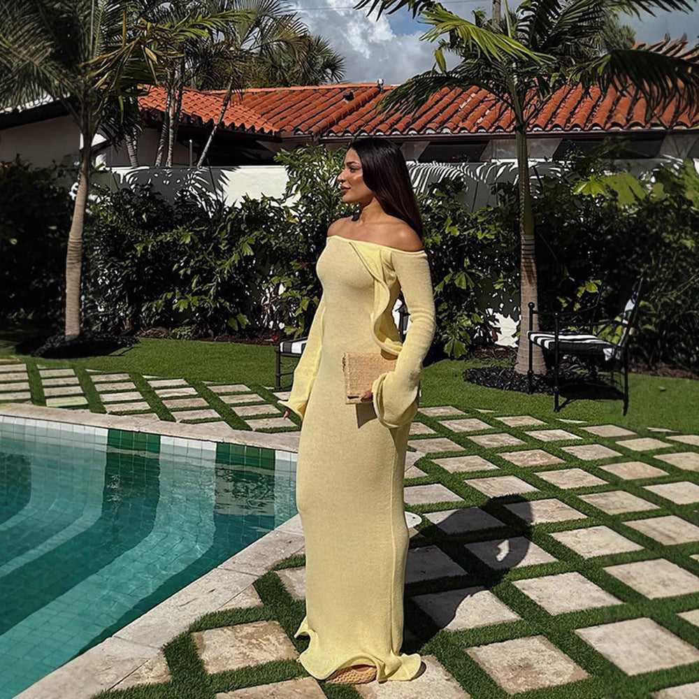Women's Figure-Hugging Knit Maxi Dress with Off-the-Shoulder Neckline and Flared Sleeves Chichicherry
