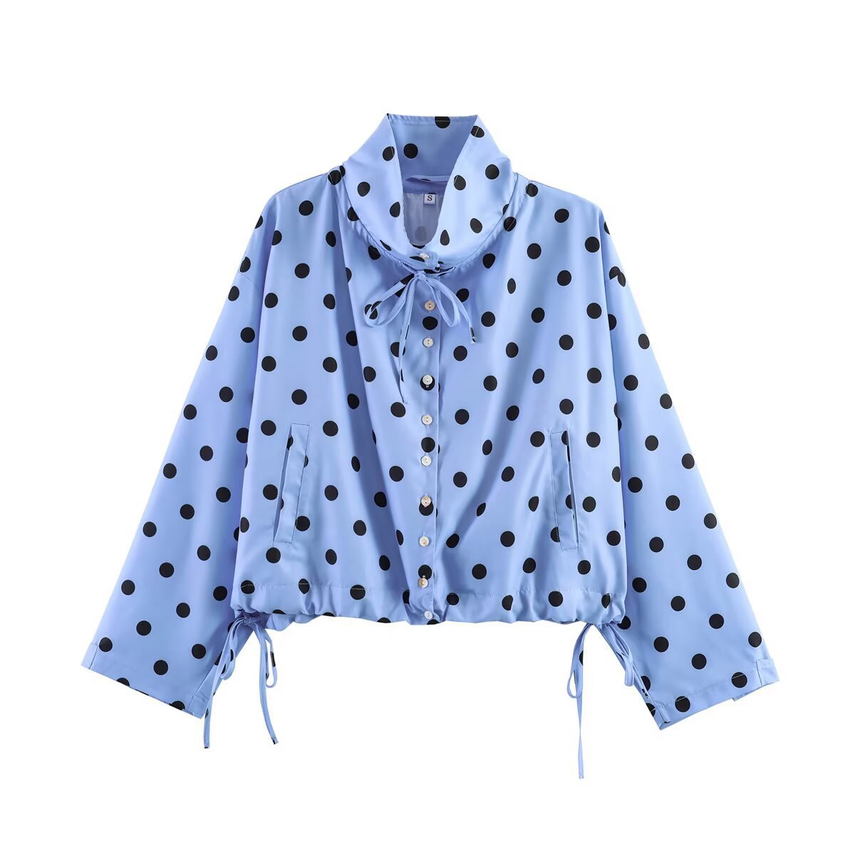 Women's Cropped Polka Dot Transition Jacket with Stand-Up Collar, Drawstring Hem and Button Placket Chichicherry