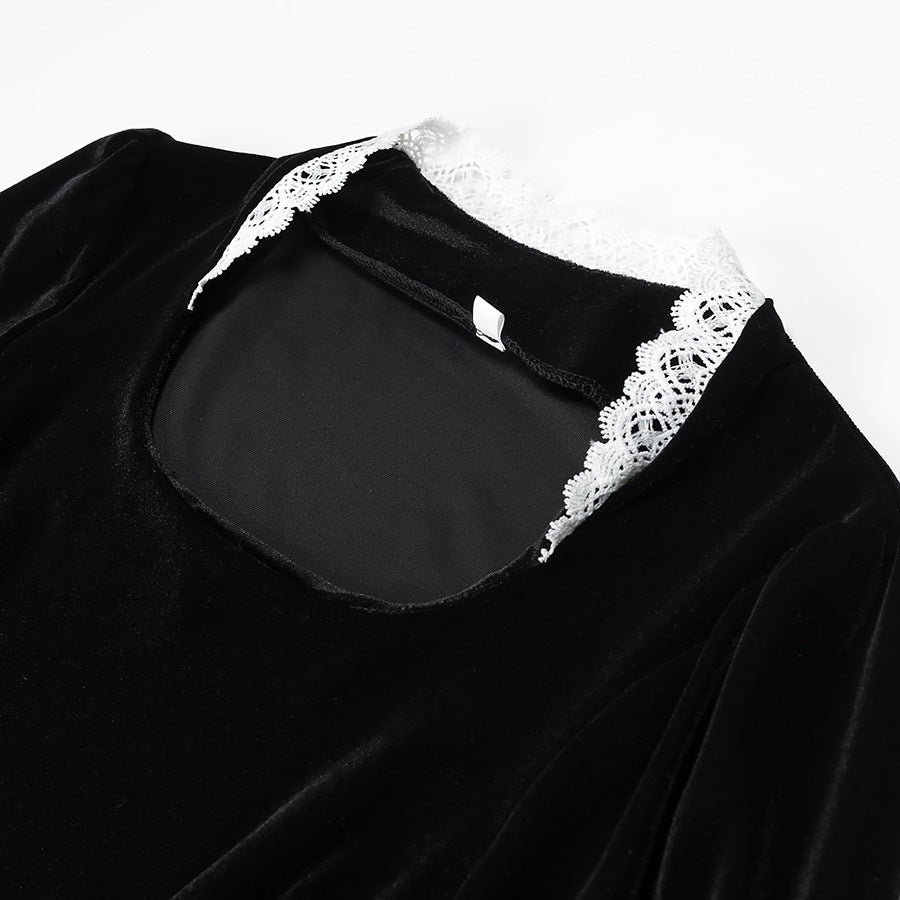 Women’s maxi dress made of velvet with square neckline, puff sleeves, and lace trim Chichicherry
