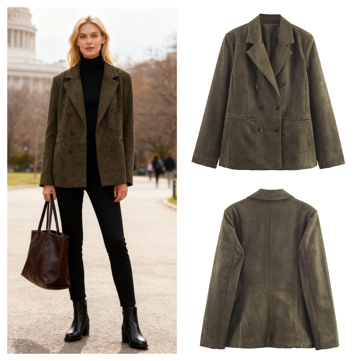 Women's Double-Breasted Suede Look Blazer with Lapel Collar and Flap Pockets Chichicherry