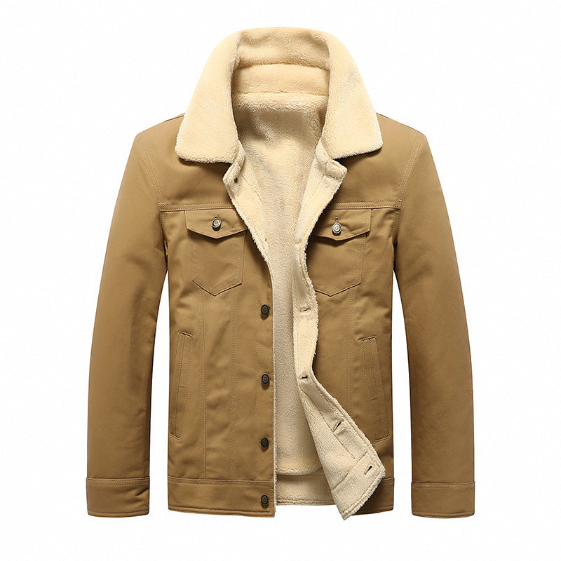 Men's Sherpa-lined canvas trucker jacket with faux fur collar and utility pockets Chichicherry