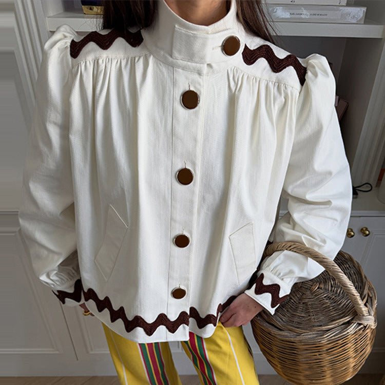 Ladies short jacket with stand-up collar, decorative wave edge and decorative button placket Chichicherry