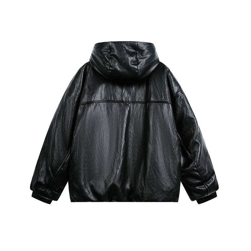 Men's Oversized Faux Leather Jacket with Hood and Zipper Chichicherry