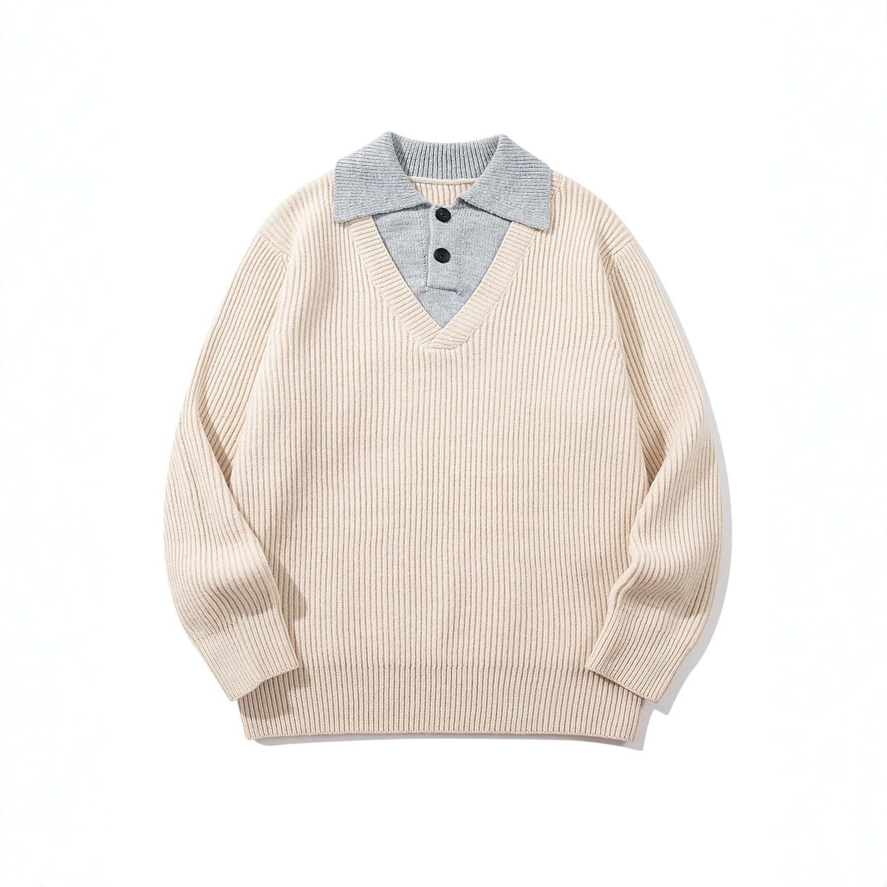 Men's Ribbed Knit Sweater with Polo Collar Insert and Deep V-Neck Chichicherry