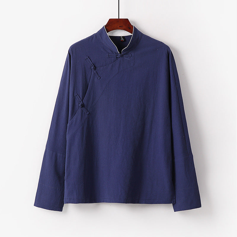 Men's Loose Stand Collar Top with Toggle Buttons and Side Button Placket Chichicherry