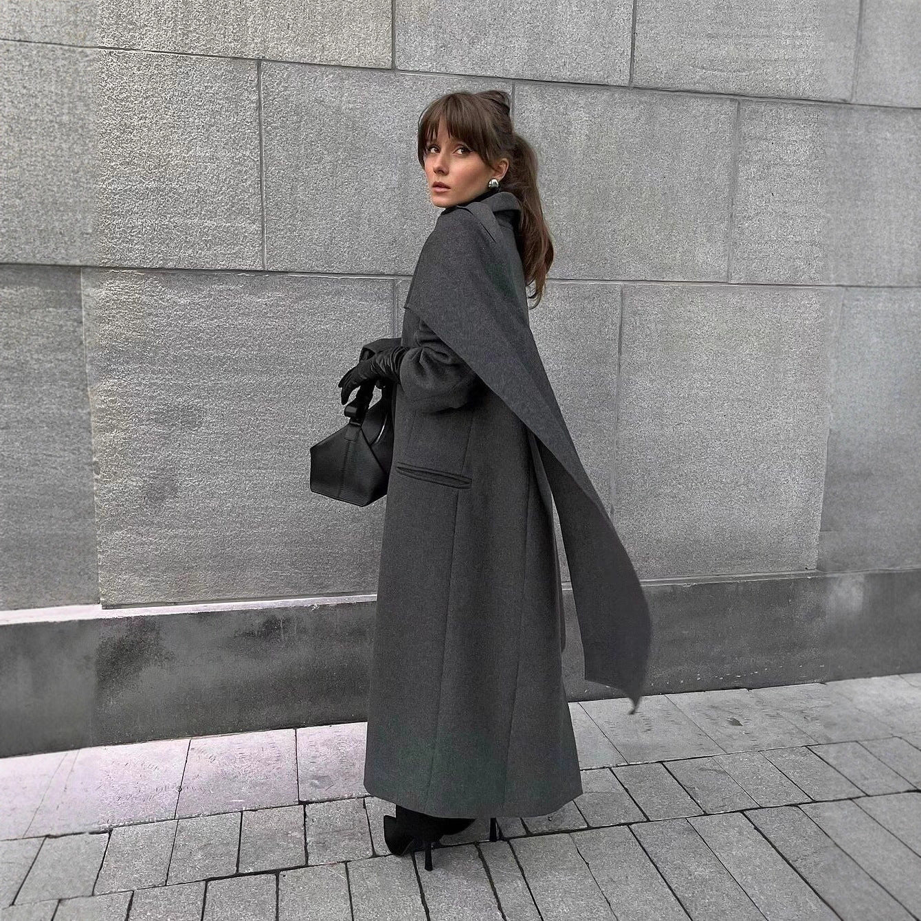 Women’s Maxi Length Wool Mix Coat with Integrated Loop Scarf and Clean Lapel Chichicherry