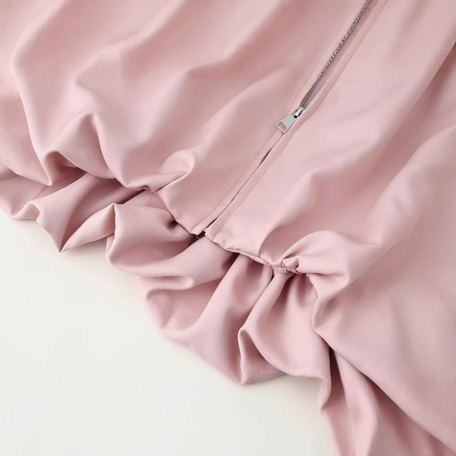 Women's Cropped Bomber Jacket with Shirt Collar, Zipper and Gathered Hem Chichicherry