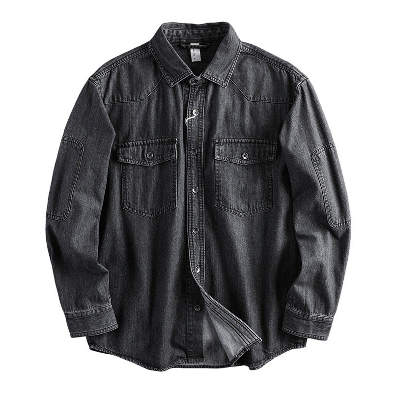 Herren Relaxed Denim‑Hemdjacke mit aufgesetzten Pattentaschen, verstärkten Ellenbogen und sichtbarer Knopfleiste Chichicherry