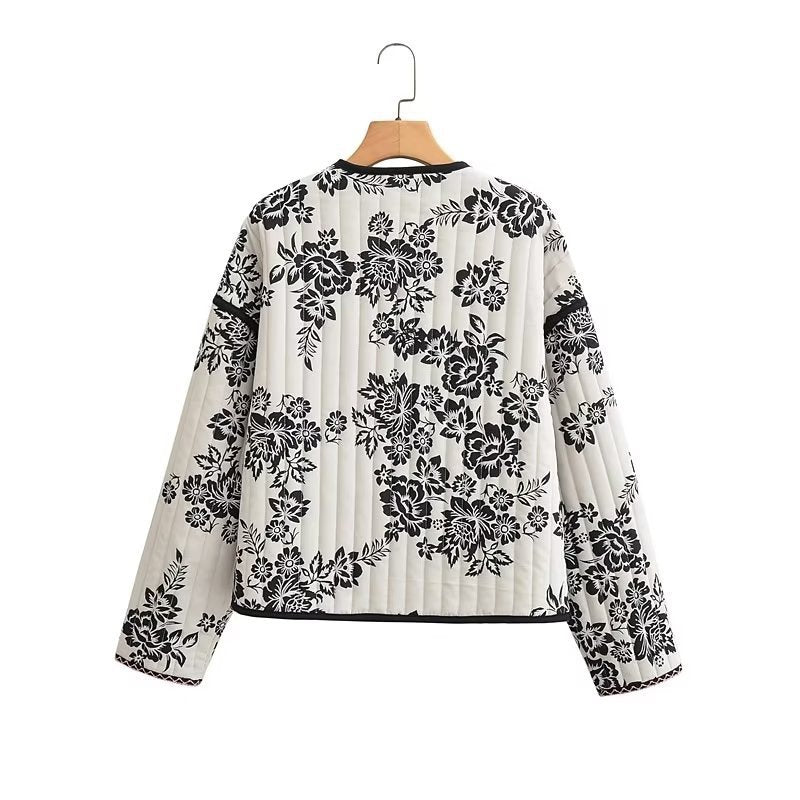 Women's Quilted Short Jacket with Floral Allover Print and Tie Ribbons Chichicherry