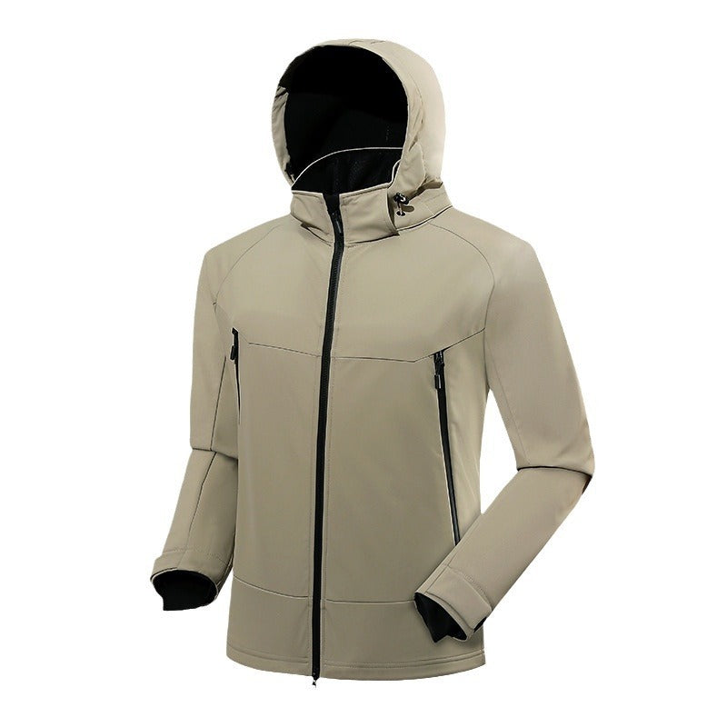 Men's technical softshell jacket with hood, welded seams and ergonomic raglan sleeves Chichicherry