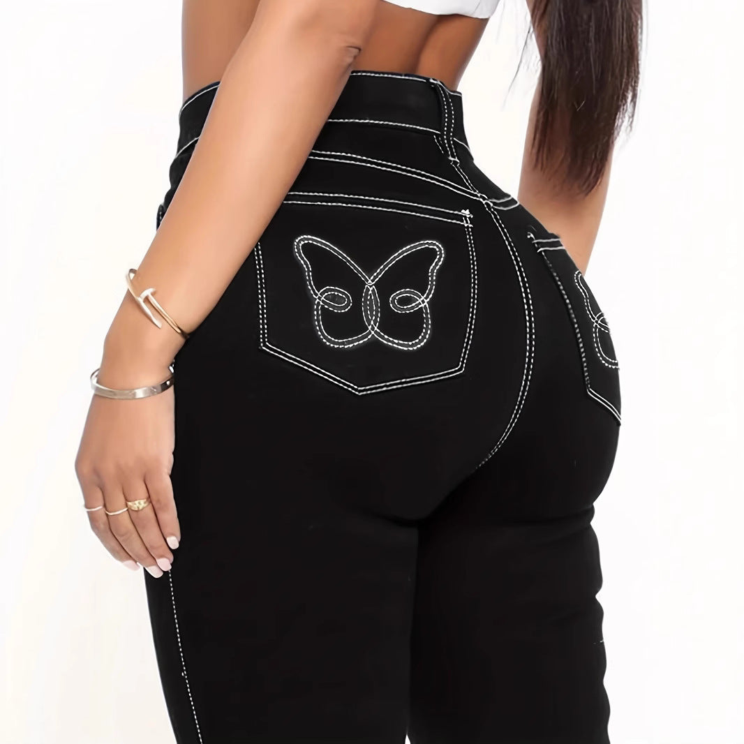 Women's High-Cut Sculpting Skinny Jeans with Contrasted Seam Design and Butterfly Embroidery Chichicherry